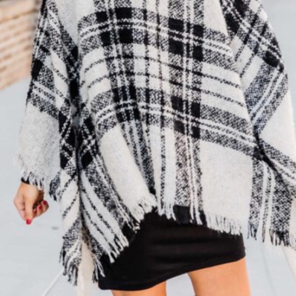 SOLD OUT Cream & Black Plaid Turtleneck Knit Poncho Sweater - Picture 2 of 2